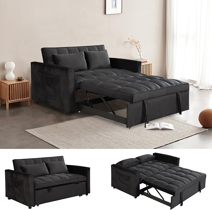 Sleeper Sofa Velvet Pull Out Sofa Bed Convertible Sofas Couch Adjustable Backrest Loveseat Sofa Couch Side Pocket for Living Room OfficeSmall Space-Black