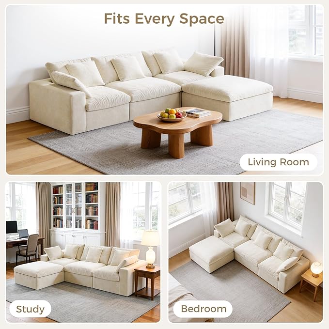 120 L-Shaped Boneless Cloud Couch Modular Sectional Sofa with Ottoman and Extra-Wide Armrests Deep Seat Sectional Couches for Living Room 35D High-Density Foam No Assembly Required Beige