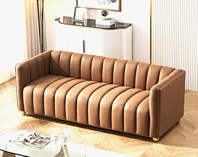 Direct Glam Fabric Upholstered Solid Wood Frame 82.7 Art Deco Sofa for Living Room Office Sophisticated 3 Seater Couch Brown