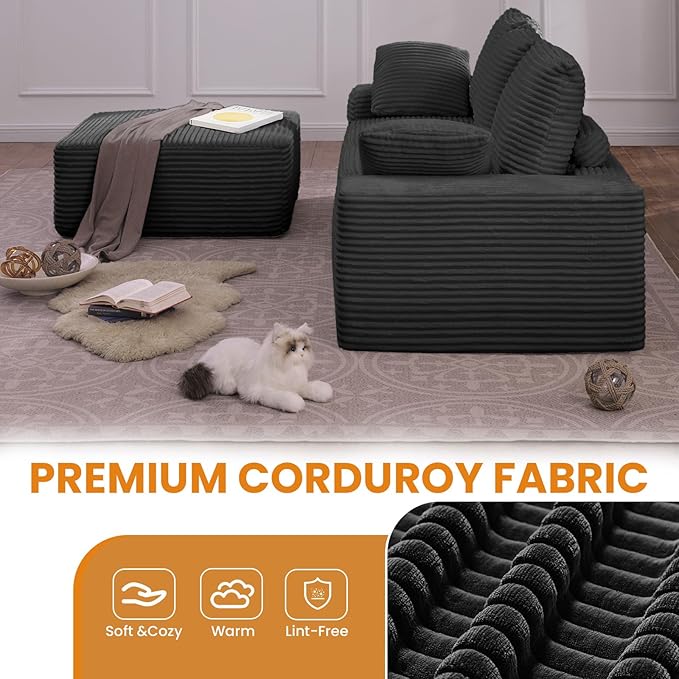 Oversized Convertible L Shaped Sectional Sofa Cloud Couch with Movable Ottoman 103.5 Inch 4 Seat Corduroy Boneless Sofa Set No Assembly Required Floor Couch with Throw Cushions for Living Room