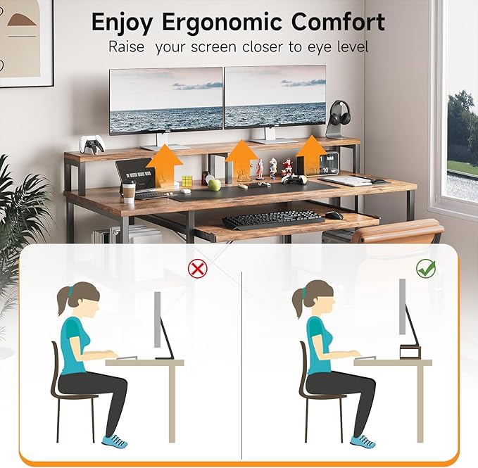 VERMESS 48Inch Computer Desk Home Office Desks with Keyboard Tray Gaming Desk with CPU Stand ShelfIndustrial Study Table Wide Writing Desk with Storage Shelves for 2 Monitors Rustic Brown