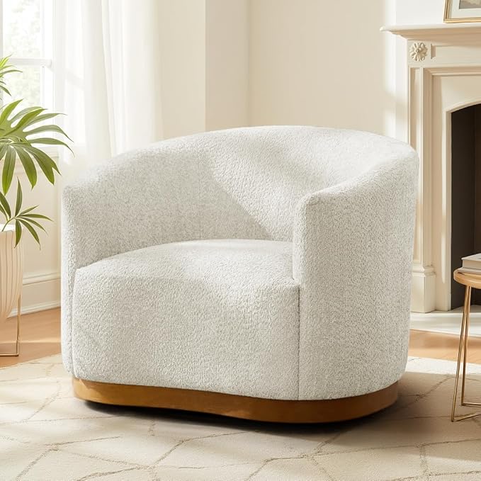 HULALA HOME Chenille Swivel Accent Chair Fully Assembled Comfy Upholstery Barrel Armchair with Sturdy Solid Wood Base Ivory