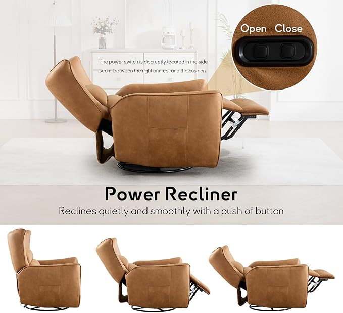 Bonzy Home 270° Swivel Power Recliner Chair 30° Rocking Chair with Lumber Cushion and Highly Enveloping Backrest Electric Reclining Home Theater Seat for Nursery Bedroom Living Room Brown