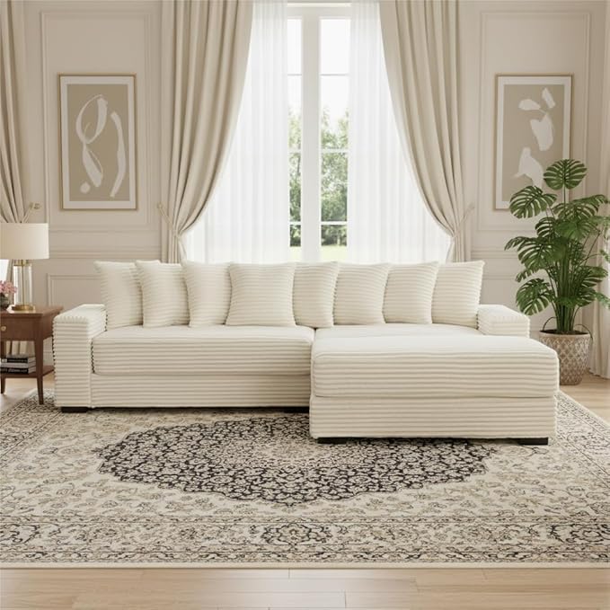 110 Cloud Sectional Couch L Shaped Sectional Couch with Chaise and 8 Side Sleeper Pillows 5 Seat Sleeper Sofa Bed for Living Room Corduroy Fabric Beige Right Style