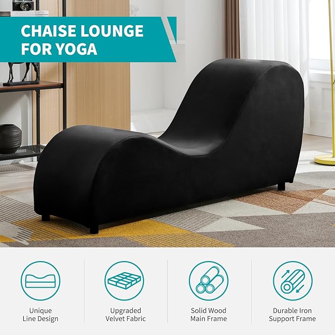 BALUS 60W S-Shape Yoga Sofa Chaise Lounge Chair for Adults Stretching Wooden Ergonomic Curved Lounges Chairs Indoor with Velvet Cover for Living Room Apartment Home Office Exercising Relaxing Black
