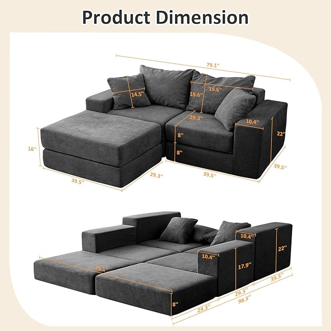 Modular Sectional Loveaeat Cloud Sofa Boneless Couch with Non Slip Base Cozy Sleeper Sofa for Customizable Living Spaces Modern Modular Couch with L-Shape Chaise Deep Seat &amp No Assembly Grey