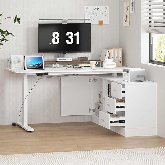 Homsee Home Office L Shaped Electric Standing Desk with Drawers and Shelves Height Adjustable &amp Shape Reversible Stand up Desk 63 Computer Executive Corner Table White