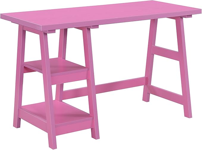 Convenience Concepts Designs2Go Trestle Desk 47 - Modern Desk or Vanity with Shelves for Office Dorm Living Room Pink