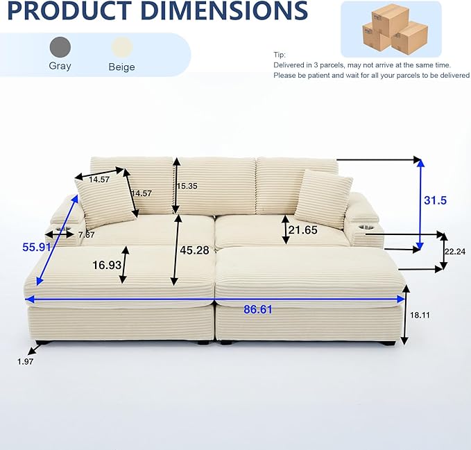 86.6 Sectional Sofa Couch with 2 Ottomans Comfy Corduroy Upholstered Cloud Modular Convertible Couch with Cup Holders and USB Armrest Storage Deep Seat Oversized Loveseat for Living Room Beige