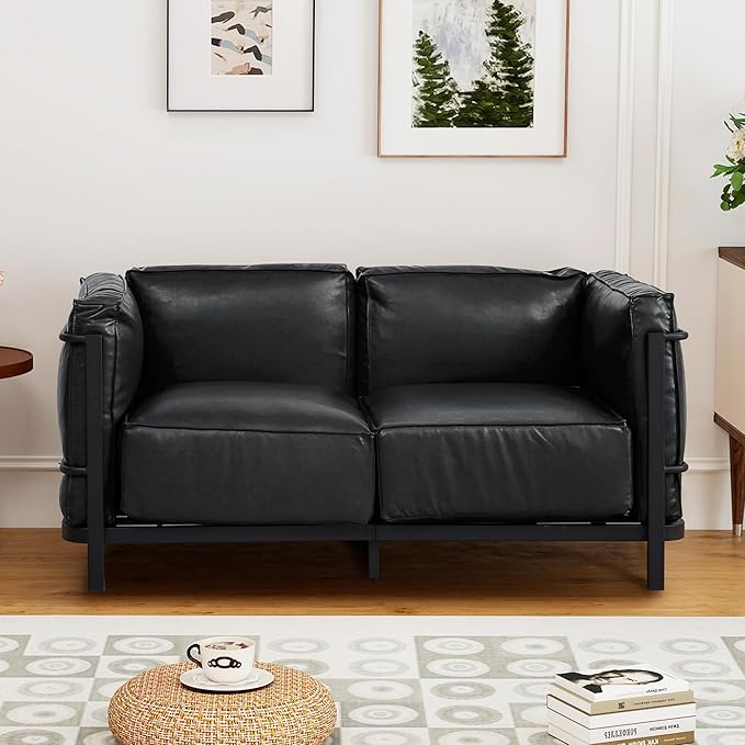 Minimalist Style 3 Seater Sofa Mid-Century Modern Faux Leather Sofa Couch with Fixed-Shape Iron Frame Upholstered Couch Chair for Living Room Office Apartment (Black Loveseat Sofa)