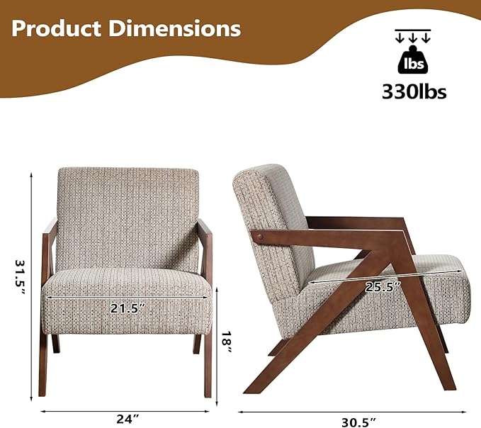 Bonzy Home Mid-Century Modern Accent Chair with Solid Wood Frame Upholstered Armchair for Bedroom &amp Living RoomReading Side Chair with Soft Lien Fabric CushionEasy Assembly