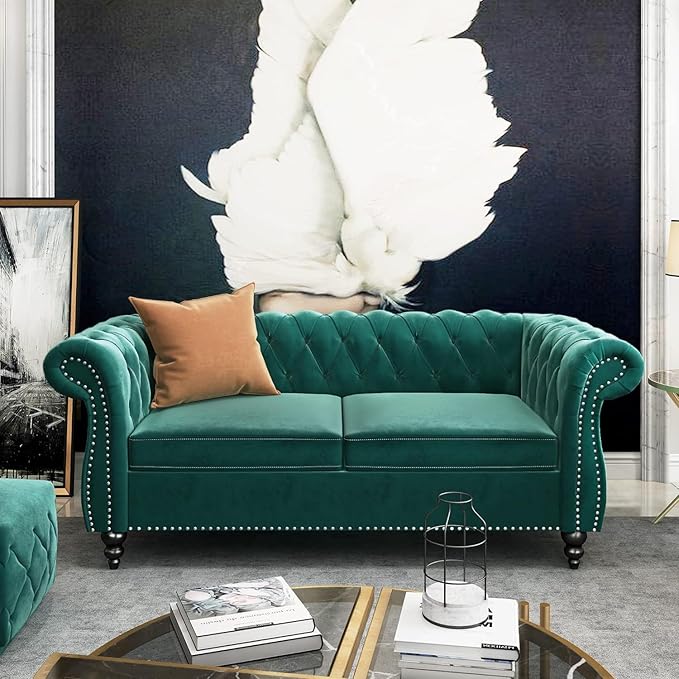 Chesterfield Loveseat Sofa Modern Velvet Small Sofa Couch 2 Seater with Rolled Arms and Nailhead Mid Century Modern Loveseat Couch for Small Spaces Living Room Bedroom Apartment Green