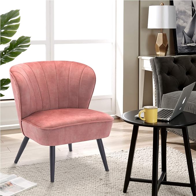 DUHOME Living Room Chair Armless Slipper Accent Chair Sofa Chair Reading Chair Upholstered Velvet Fabric for Bedroom Pink