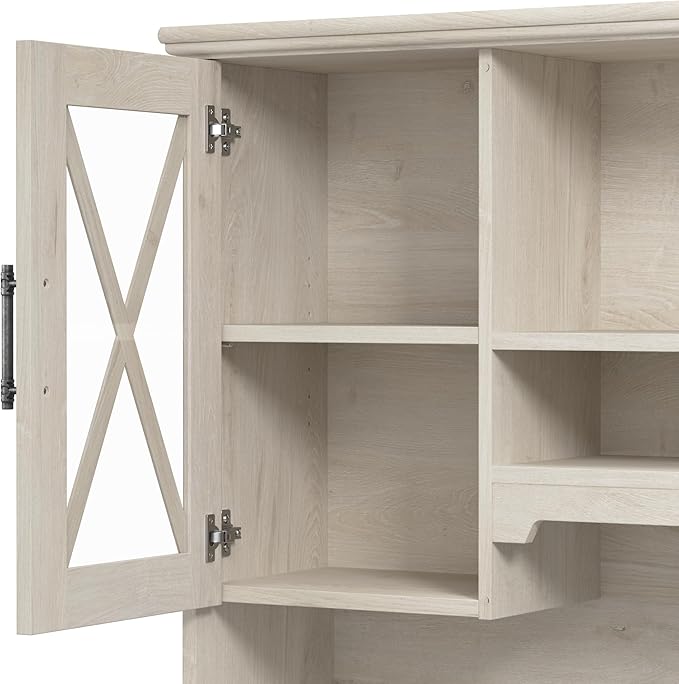 Bush Furniture Lennox 60W Farmhouse Desk with Hutch and Keyboard Tray in Linen White Oak | Computer Table for Home Office