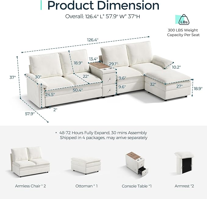 LINSY HOME Modular Sectional Couches 115 L Shaped Cloud Sofa with Versatile Console Chenille 4-Seat Sofa Set for Living Room Apartment Office Beige