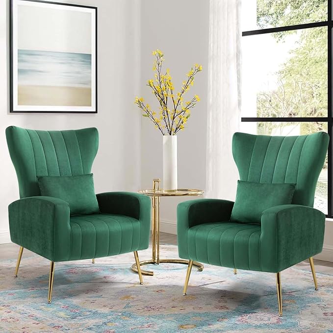 X-VOLSPORT Velvet Accent Chair Mid Century Modern High Back Living Room Chair with Waist Pillow Upholstered Arm Chair with Metal Gold Legs for Bedroom Club Green