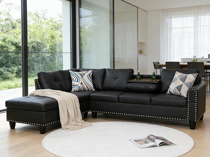 L-Shaped Sectional Sofa with Cup Holder Leather 4-Seat Couch with Chaise Lounge Modern Upholstered Living Room Furniture Black