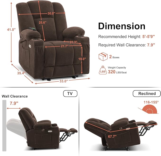 MCombo Zero Gravity Power Recliner Chair with Heat and Vibration Massage Reclining Chair with USB &amp Type C Ports Cup Holders for Living Room Fabric 8015 (Brown)