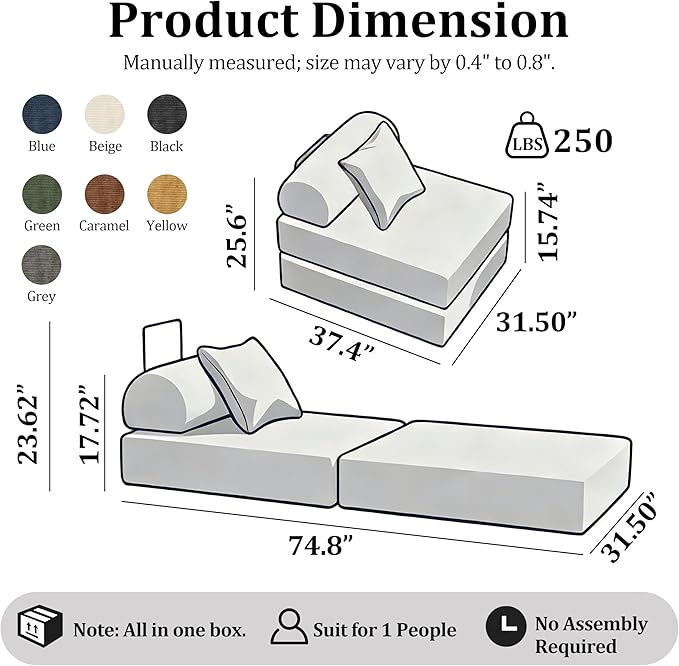 31.5'' Convertible Compressed Corduroy Folding Sofa Bed Modern Boneless Pull Out Sleeper Sofa Couch in a Box 3 in 1 Portable Lazy Floor Lounge Chair No Assembly Needed Caramel Pillow Single