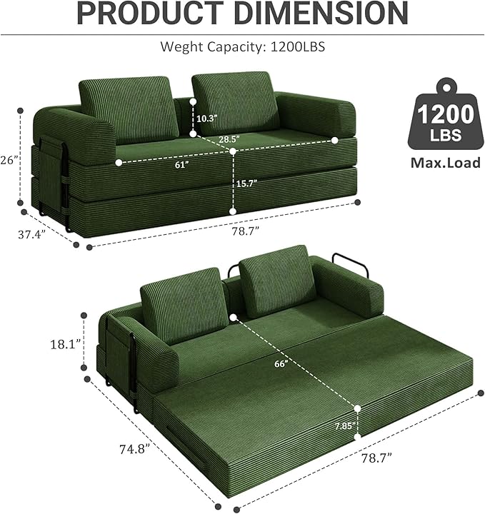 Convertible Sleeper Sofa Bed 3-Seat Corduroy Futon Couch with Cylindrical Pillow Foldable Mattress for Living Room &amp Bedroom 79 Inch Multi-Functional Sofa (Jade)