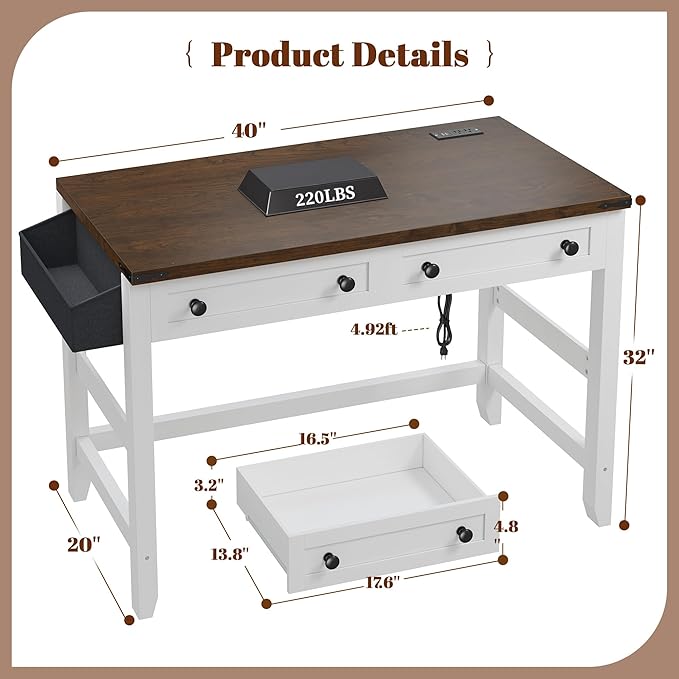 EnHomee 40 Computer Desk with Drawers Small Desk with Power Outlets for Bedroom and Home Office Writing Desk with Drawers and a Side Pocket Vanity Desks for Bedroom Brown+White