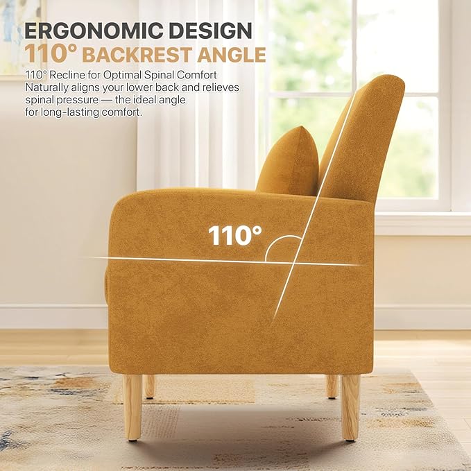 Magshion Mid-Century Accent Chair for Living Room Comfy Reading Chair for Bedroom Upholstered Linen Fabric Armchair Single Sofa with Back Pillow &amp Wood Legs 300 lbs Capacity Yellow