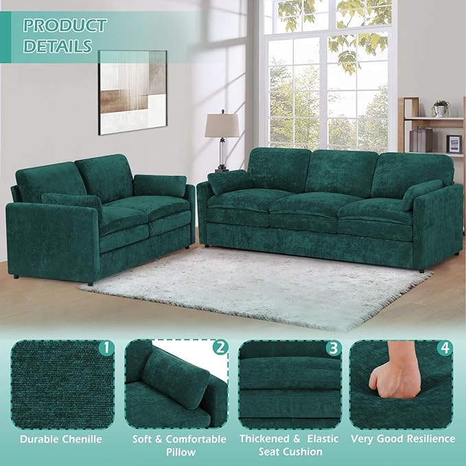 2 Pieces Chenille Sofa Set w/Arm Pillows Upholstered Loveseat &amp 3 Seater Sofa w/Comfortable Back Cushions Modern 2-Seat &amp 3-Seat w/High-Density Foam for Living Room Apartment Teal