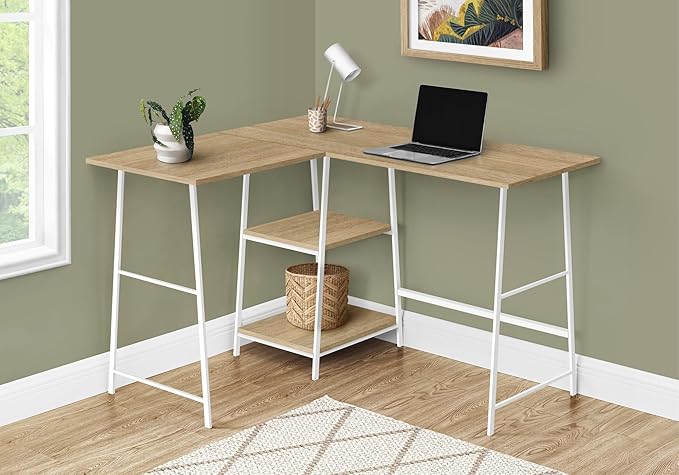 Monarch Specialties I 7597 Computer Desk Home Office Corner Storage Shelves 48 L L Shape Work Laptop Metal Laminate Natural White Contemporary