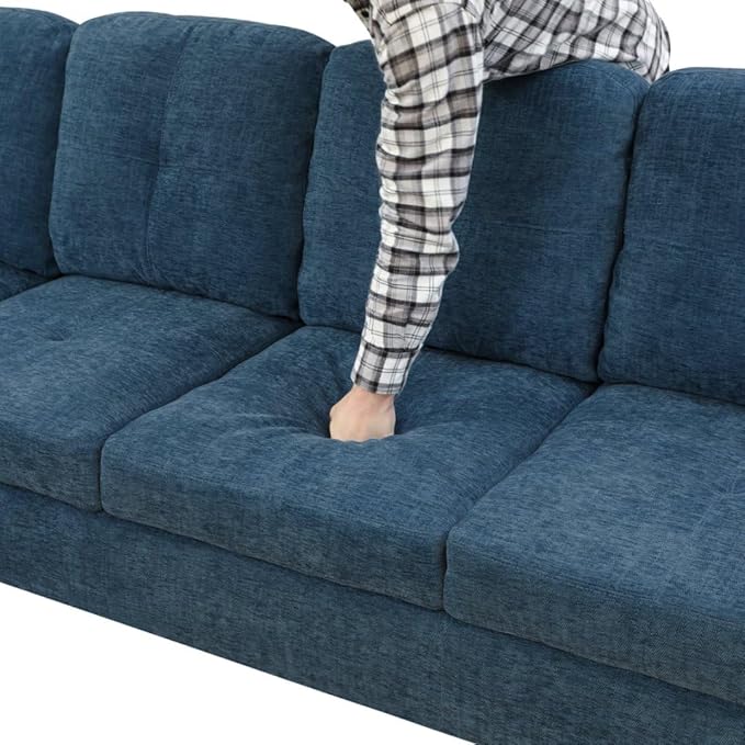 L-Shaped 3-Piece Flannel Sofa with Storage Ottoman Set Sectional Couch Sofa Set for Living Room Office Small Space Blue