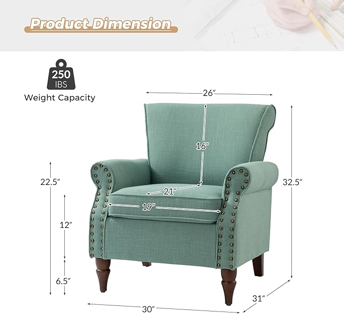 HULALA HOME Accent Chair with Wood Legs &amp Removable Cushion Modern Wingback Armchair with Nailhead Trim Comfy Upholstered Lounge Chair Single Sofa Chairs for Living Room Bedroom Sage