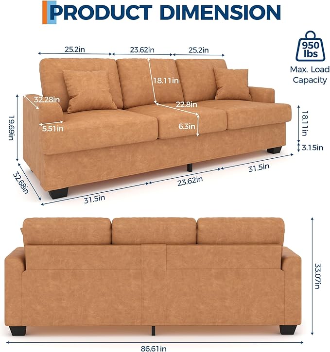 IDEALHOUSE Modern 86 Leather Sofa with 2 Throw Pillows Deep Seat Couch with Upholstered Cushion &amp Removable CoverComfy Faux Leather Sofa Couch for Small Space Apartment Lounge Brown