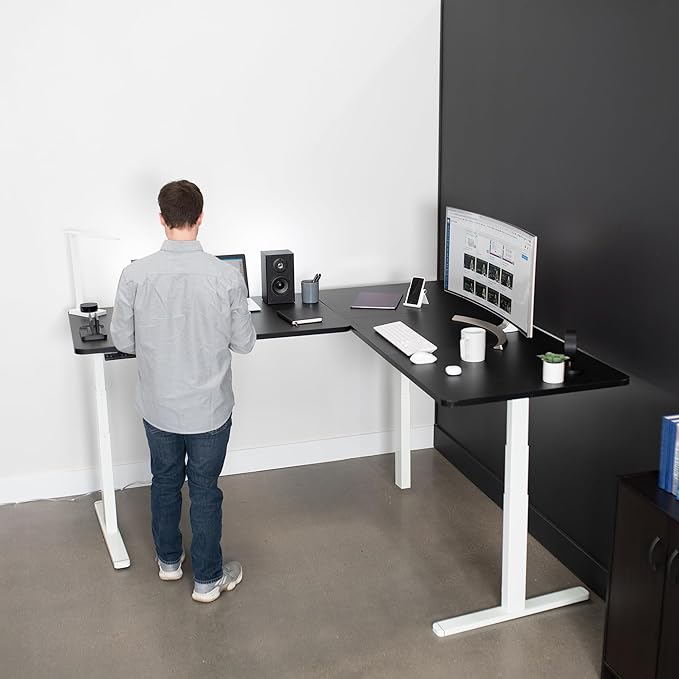 VIVO Electric Height Adjustable 77 x 71 inch Corner Stand Up Desk 2 Black 30 inch Deep Table Tops White Frame Memory Controller L-Shaped Workstation 3E Series DESK-KIT-3E7WB