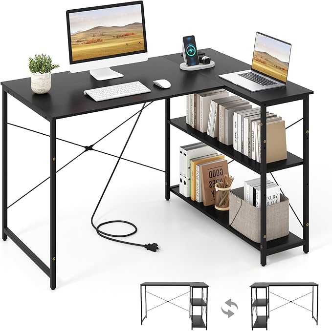 Giantex L Shaped Desk with Charging Station 47 Inch Reversible Computer Desk with Adjustable Storage Shelves &amp Metal Frame Modern Corner Desk for Home Office Studying Writing Gaming (Black)