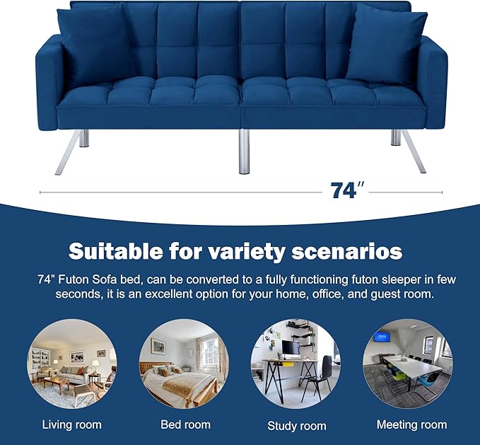 74 Futon Sofa BedConvertible Sleeper Couch with Adjustable Backrest and Pillows Comfy Velvet Cloud Sofa LoveseatModern Loveseat for Living Room and Bedroom（Navy Blue）