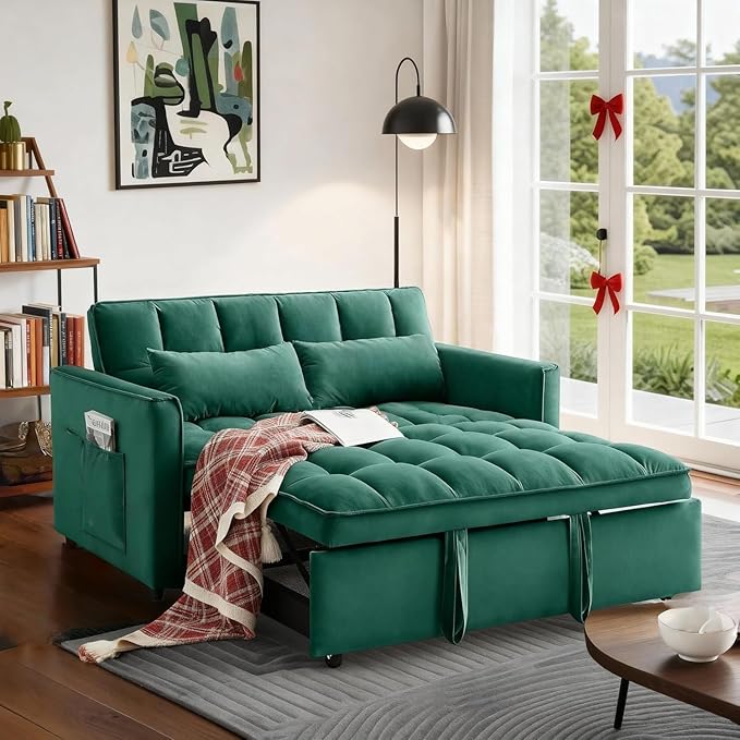 Convertible Sofa Bed Pull Out Couch with Side Pockets 3 in 1 Velvet Fabric Loveseat Sleeper Sofa Bed Pull Out Couch with Adjustable Backrest for Living Room Bedroom Apartment Green