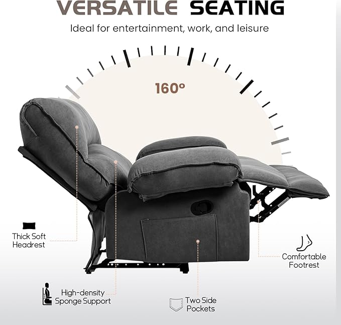 Oversized Recliner Chair for Adult Plus Size 49.21 Extra Wide Seat Manual Fleece Recliner with Pockets Ergonomic Massage Heated for Living Room Bedroom Home Threater Office Lounge (Grey)