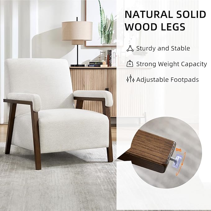 Mid Century Modern Accent Chair Upholstered Armchair with Thick Seat Cushion and Solid Wood Frame Thick and Comfy Innerspring Seat Cushion Short Plush Fabric Arm Chair for Living Room(1White)