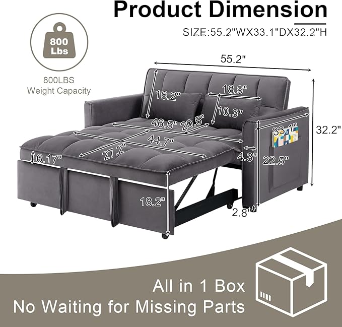 3-in-1 Convertible Sofa Bed 55'' Pull Out Couch Bed with Adjustable Backrest Velvet Fabric Sleeper Loveseat Sofa with Side Pocket Perfect for Living Room Easy Assembly(Gray)