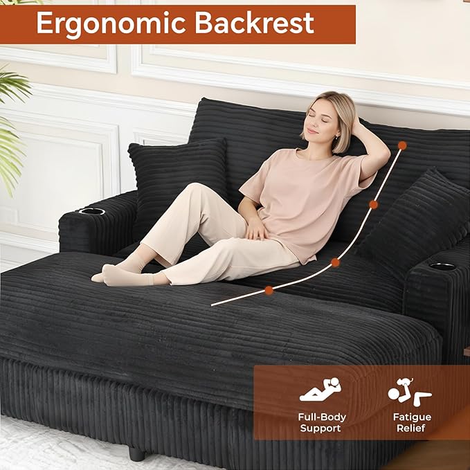 65 Oversized Chaise Lounge Chair Indoor Upholstered Sofa Bed with Pillows &amp 2 Cup Holders Sleeper Couch Comfy Corduroy Recliner Chair for Living Room Movie Room Bedroom Black