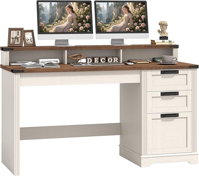 Vabches 55 Farmhouse Executive Desk with 3 Drawers Wooden Computer Desk with Keyboard Tray Home Office Desk with File Drawer (Fits A4 Size) for Work and Study White and Brown