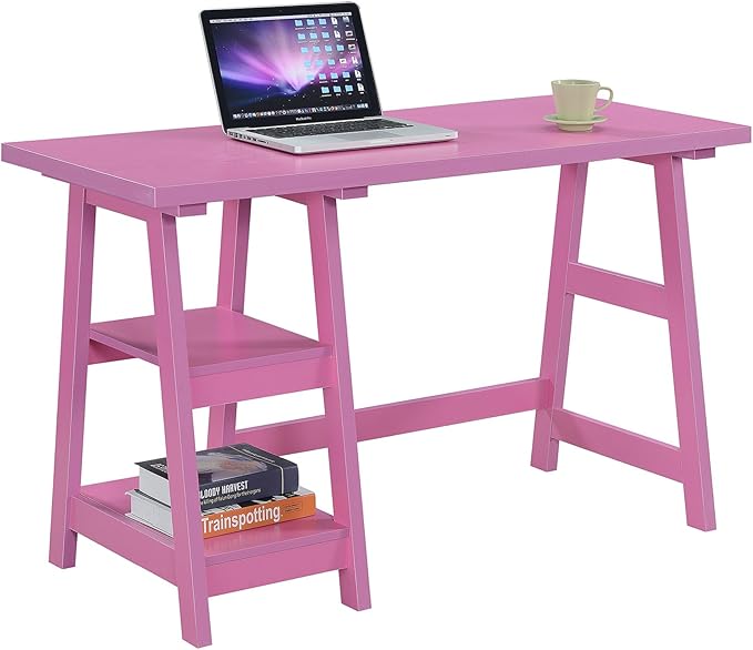 Convenience Concepts Designs2Go Trestle Desk 47 - Modern Desk or Vanity with Shelves for Office Dorm Living Room Pink