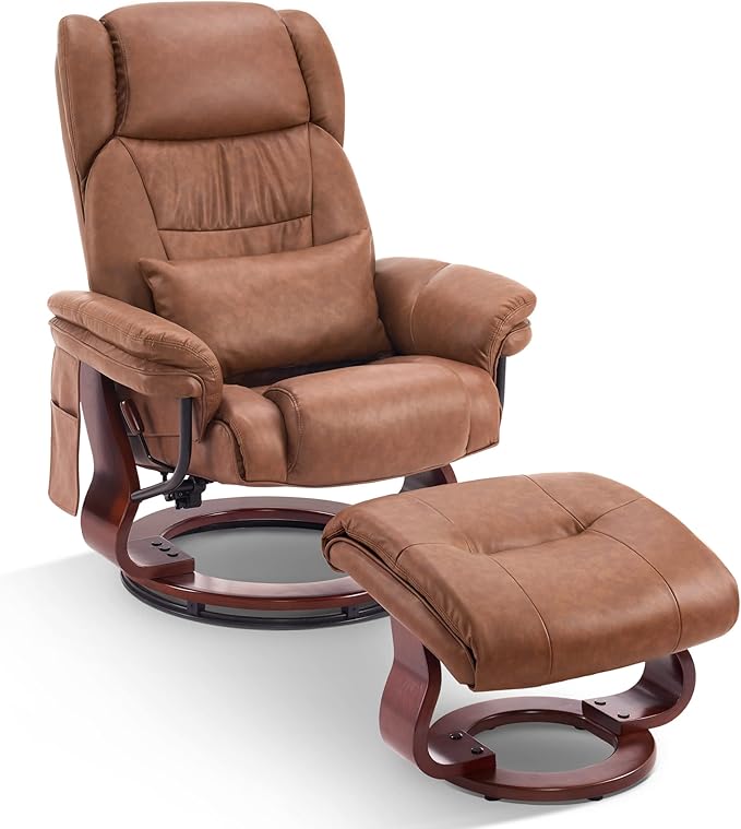 MCombo Swivel Recliner with Ottoman Faux Leather TV Chair with Vibration Massage Ideal for Small Space Living Room &amp Bedroom 4734 (Saddle)