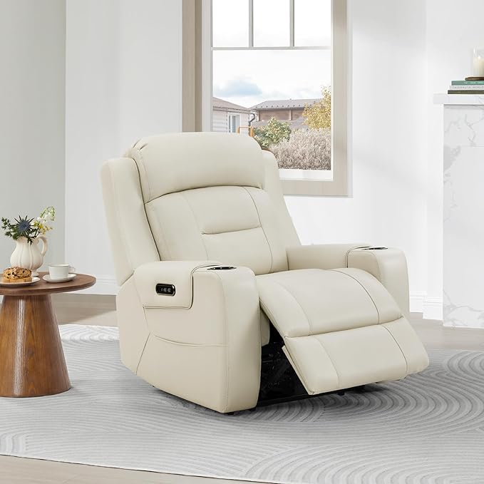 Watson &amp Whitely Genuine Leather Power Recliner Chairs for Adults Lay Flat Recliner with Power Headrest USB Ports and Cup Holders Electric Reclining Sofa for Living Room Bedroom Cream