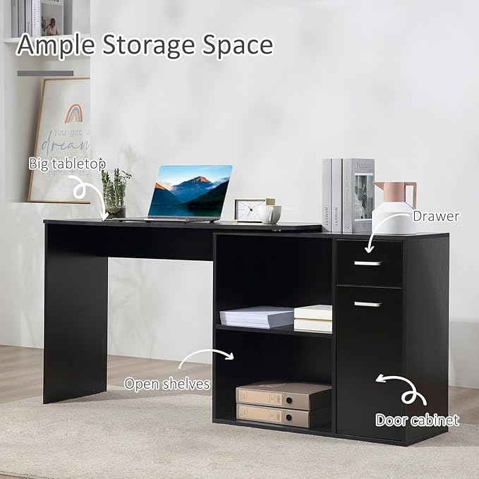 L Shaped Computer Desk 180° Rotating Corner Desk with Storage for Home Office