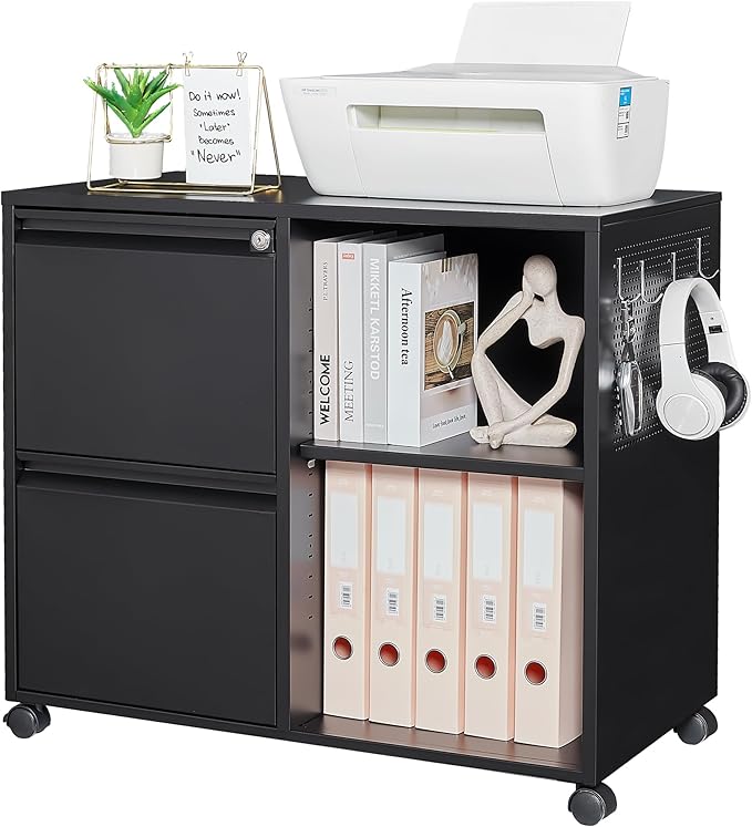 Letaya Mobile File Cabinet Metal Lateral Rolling Printer Stand Filing Cabinets with Shelves for Home Office-Storage A4/F4 (Black)