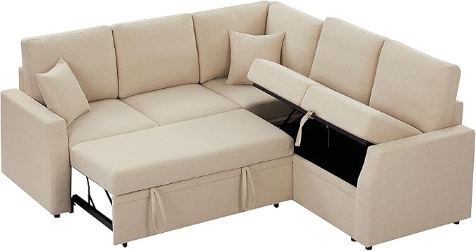 AMERLIFE 85 Inch Sofa Bed Oversized L Shape Couch with Pull Out Bed &amp Storage Seat Oversized Reversible Sleeper Sofa for Living Room Apartment Beige Linen Couch