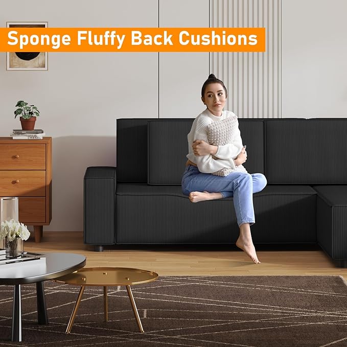 GAOMON Fine Stripe Corduroy Sectional Sofa l Shaped Modern Corduroy Couch Comfy Sofa Couch with Deep Chaise for Living Room Apartment Hotel 96 w*61 d*32 h Black