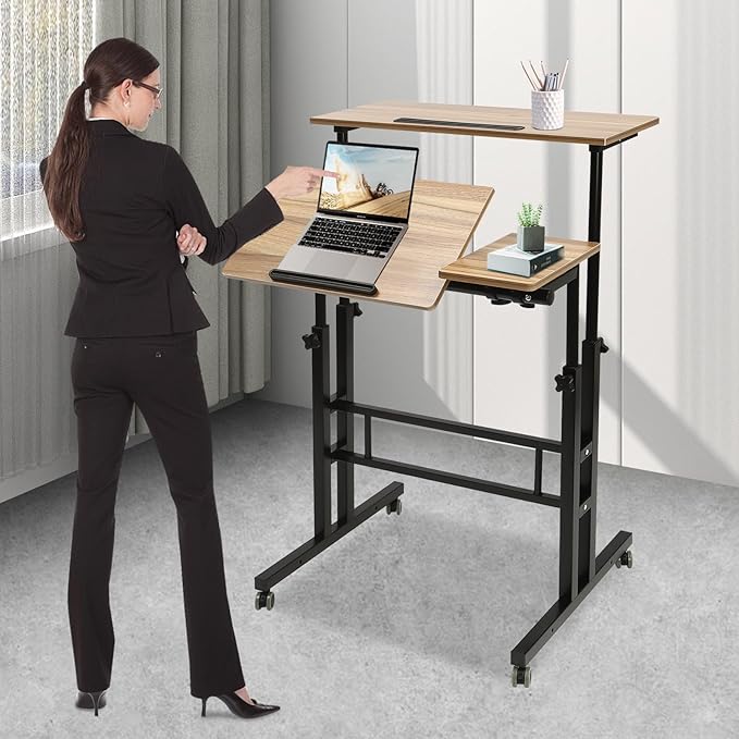 Mobile Stand Up Desk Height Adjustable Home Office Desk Rolling Laptop Cart Sit (Iron Brown)