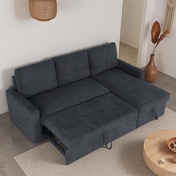 Sleeper Sofa Couch with Pull Out Bed L Shaped Couch Bed with Storage Sectional Sleep Couches Convertible Sleeper Sofa Beds W/Reversible Chaise&ampBack Cushion for Living Room Black