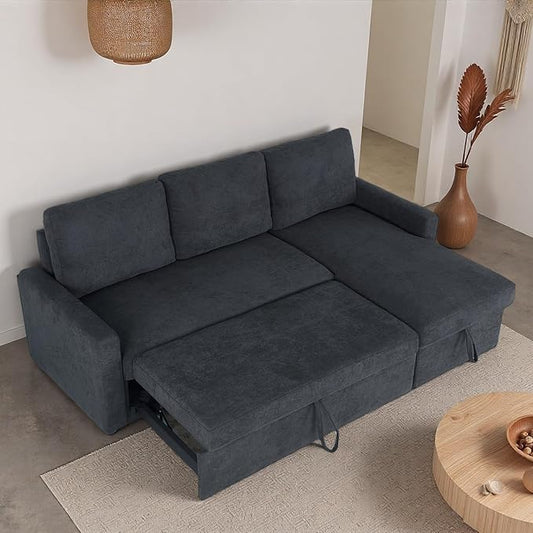 Sleeper Sofa Couch with Pull Out Bed L Shaped Couch Bed with Storage Sectional Sleep Couches Convertible Sleeper Sofa Beds W/Reversible Chaise&ampBack Cushion for Living Room Black